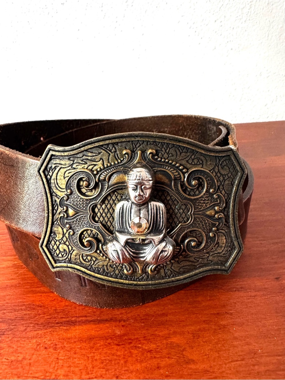 Guruwear Happiness Vintage y2k Brown Leather Belt with Ornate Buddha Buckle - Picture 2 of 16